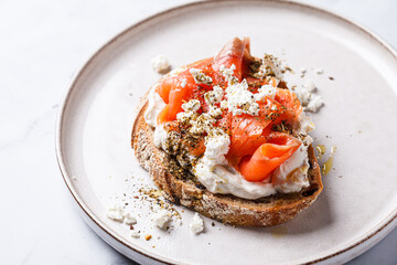 salmon, toast, feta, bread, fish, spice, plate, 