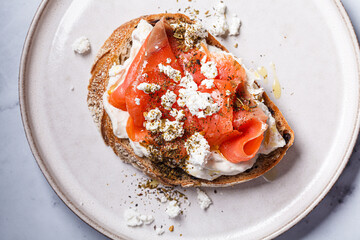 salmon, toast, feta, bread, fish, spice, plate, 