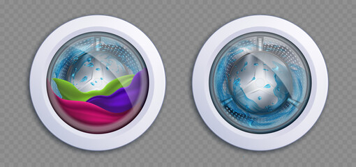 Washing machine drum with clothes and empty with water. Vector templates isolated on transparent background