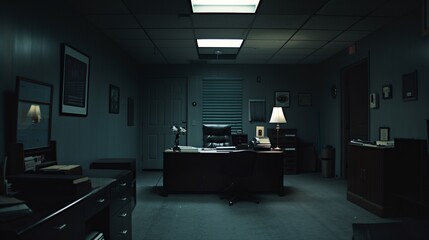 Dimly lit, empty office with single lamp on desk, creating mood of isolation and mystery. Solitude and work environment concept