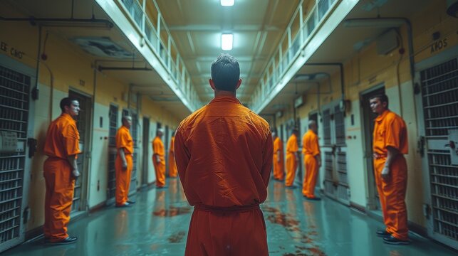 A man in an orange jumpsuit stands center among other inmates in a prison hallway, emphasizing themes of incarceration