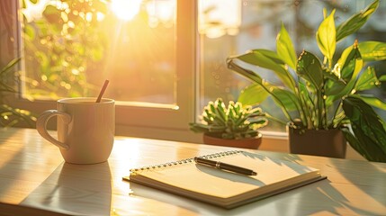 work space at sunset Open notebook  coffee cup  pen  green plant on table work desk