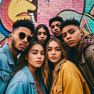 Retrato selfie de pandilla de amigos en el barrio