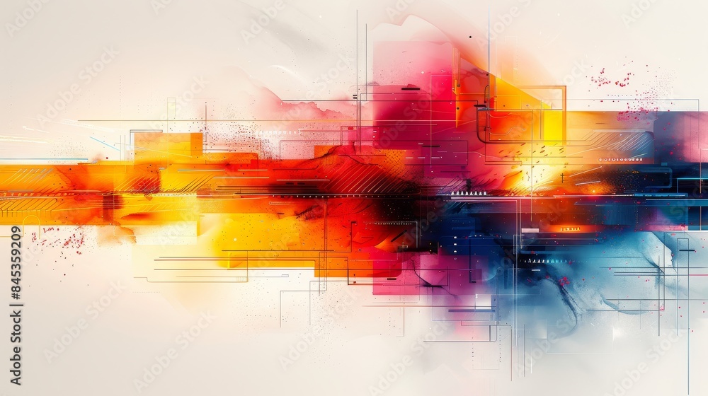 Poster this image combines abstract art with technological lines and shapes giving an impression of digital