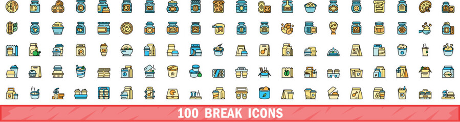 100 break icons set. Color line set of break vector icons thin line color flat on white