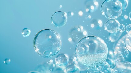Close-Up of Transparent Soap Bubbles Floating Against a Light Blue Background with Reflections and Soft Lighting