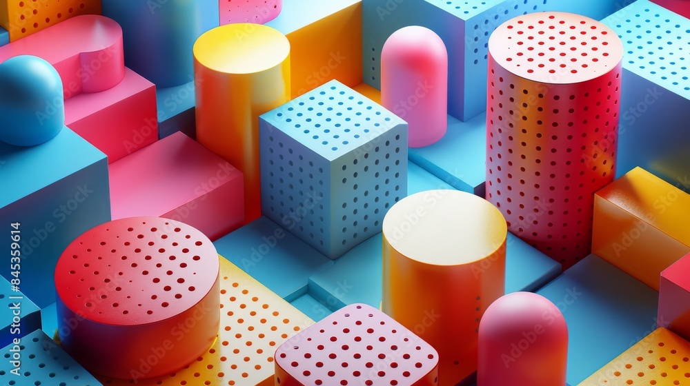 Aufkleber a vibrant array of 3d rendered geometric shapes with a playful and modern aesthetic on a blue backgr