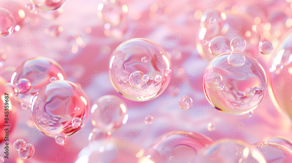Poster colorful soap bubbles float against a soft pink background, creating a dreamy, ethereal atmosphere p