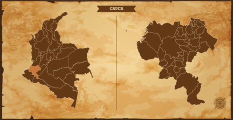 Cauca state map, Colombia map with federal states in A vintage map based background, Political Colombia Map