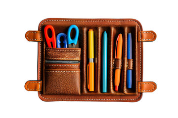 Organized leather pencil case with colorful pens and scissors neatly arranged, showcasing a clean and professional layout for office use.