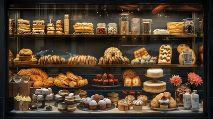 Classic French Patisserie Window Display with Assortment of Delectable Pastries and Sweets