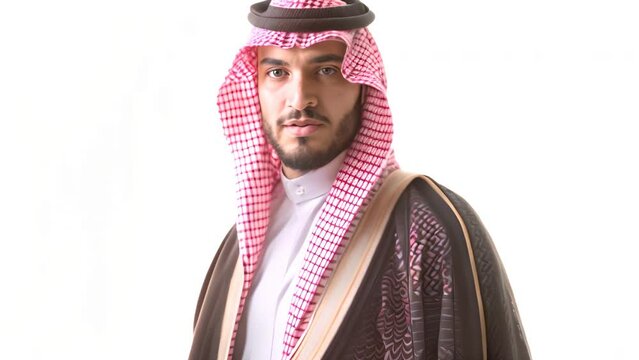 Middle Eastern Saudi man in traditional formal clothing of the Tobe and Shimakh religions on a white background