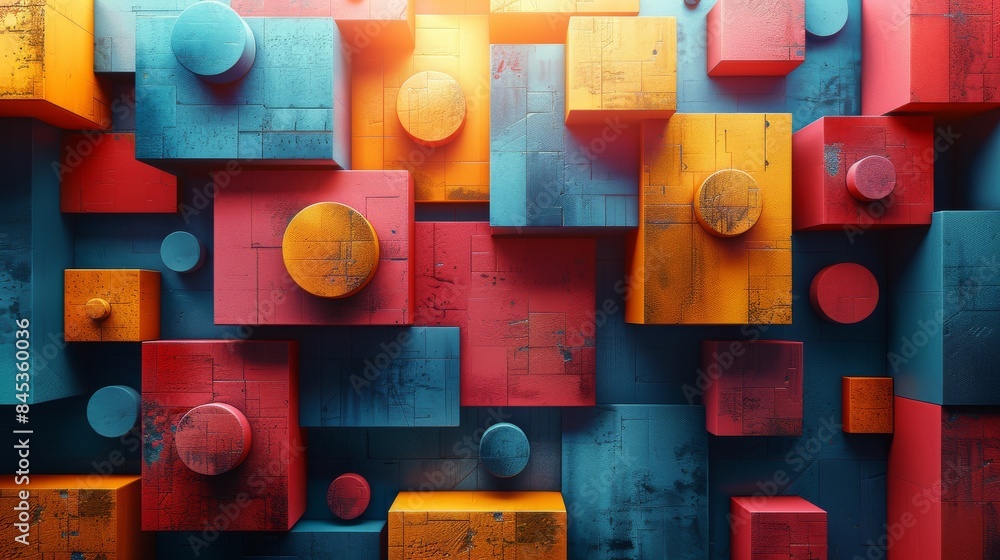 Poster dynamic image featuring a composition of 3d blocks and cylinders in vivid colors