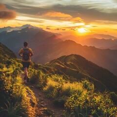 Fototapeta premium Energized Jogger Navigating Scenic Mountain Trail at Sunrise with Breathtaking Landscapes and Natural Serenity