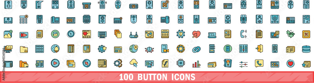 Poster 100 button icons set. color line set of button vector icons thin line color flat on white
