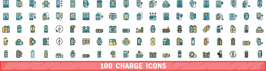 100 charge icons set. Color line set of charge vector icons thin line color flat on white