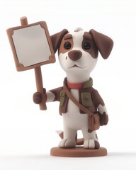 Fototapeta premium Adorable Clay Dog Figurine Holding Blank Sign Cute Handmade Art Sculpture of a Dog with a Detailed Outfit Perfect Decoration or Gift Idea for Kids, Dog Lovers, and Collectors
