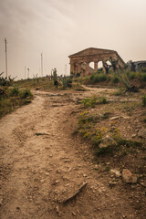 vertical of  Archaeological Park of Segesta ruins in Sicily , temple  Italy at sunset 