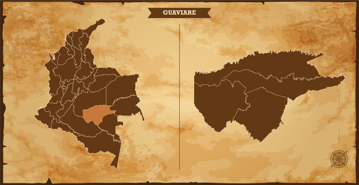 Guaviare state map, Colombia map with federal states in A vintage map based background, Political Colombia Map