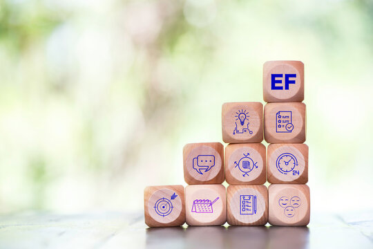 Executive Functions(EF), EF icon at wood box. Young children's brain skills It plays an important role in other skills such Working Memory, Inhibitory Control grow with quality and success in life.