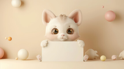 Fototapeta premium Cute Adorable White Kitten Holding Blank Sign With Big Eyes and Colorful Balls in Soft Pastel Background Perfect for Childrens Book Cover Poster or Card Design