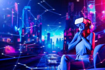 Smart female in virtual reality cyberpunk style building of meta wear VR headset connect metaverse,...