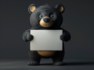 Cute Cartoon Bear Holding a Blank Signboard in Dark Background Adorable Character Illustration for Posters, Invitations, and Design Projects Space for Custom Text or Messages