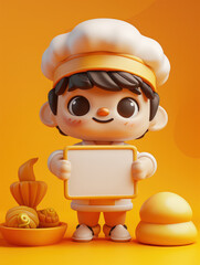 Cute Cartoon Chef Holding Blank Sign in Bright Orange Background with Pastries and Bread Props...