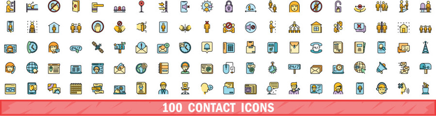 100 contact icons set. Color line set of contact vector icons thin line color flat on white