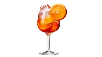 Glass of alcohol coktail with orange slice and ice cubes, isolated on transparent background