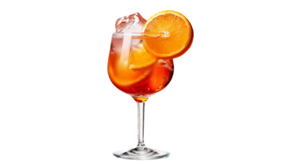 Glass of alcohol coktail with orange slice and ice cubes, isolated on transparent background