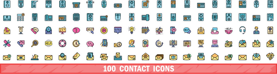 100 contact icons set. Color line set of contact vector icons thin line color flat on white