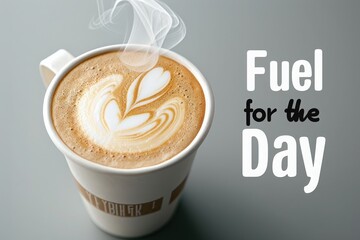 A steaming cup of latte with a heart-shaped design in the foam, against a gray background.