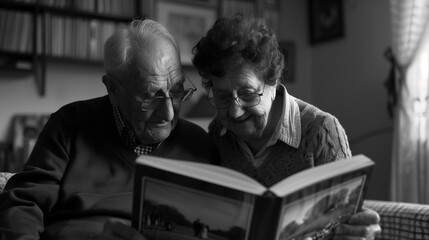 Senior man and woman looking photo album. Grandparents, couple, old. Black and white