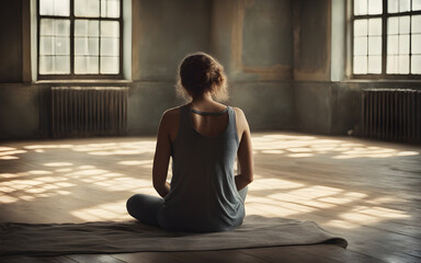 Woman sitting alone in a bright room, concept of isolation and hope