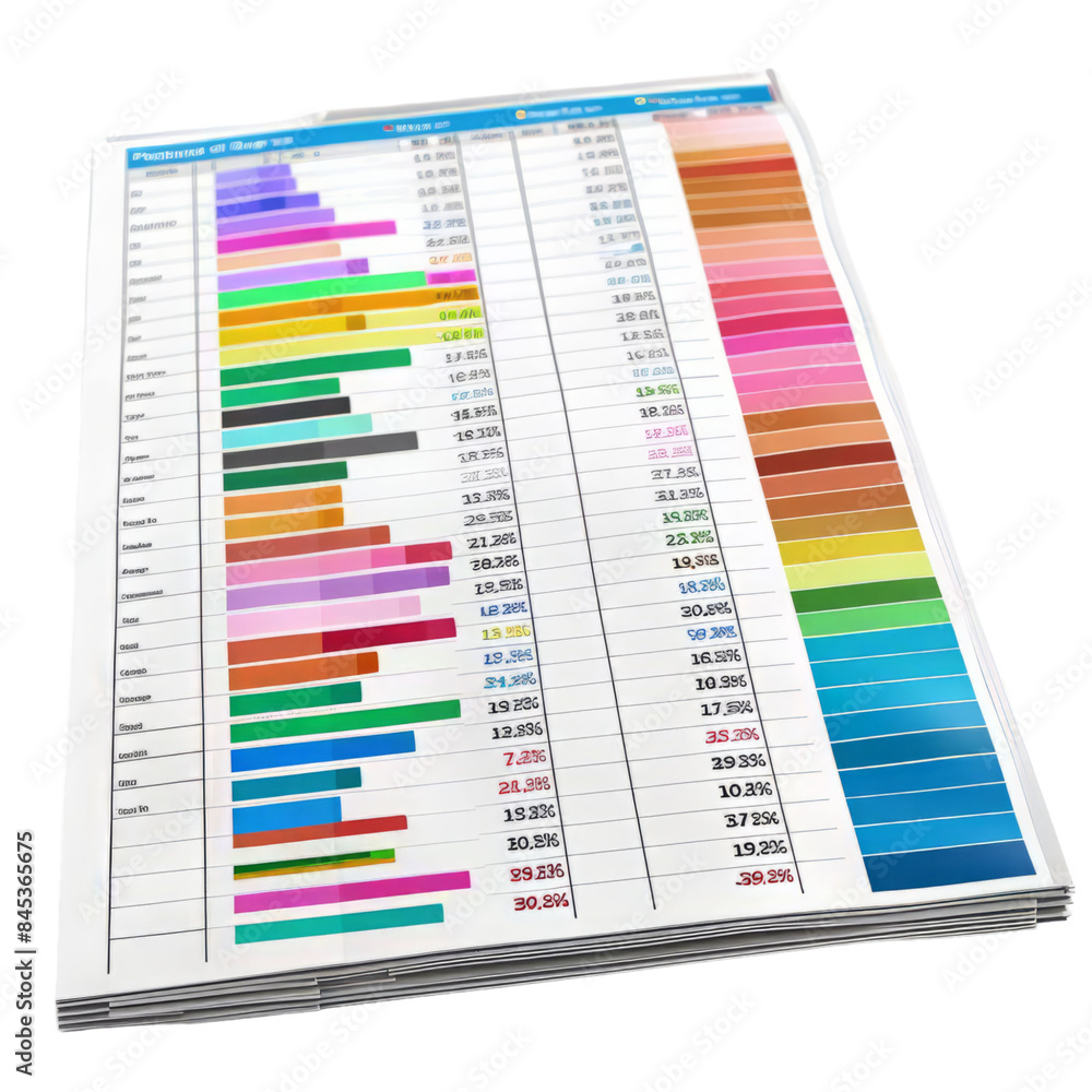 Poster stack of paper with bar chart and percentages.
