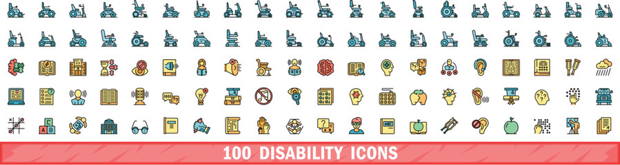 100 disability icons set. Color line set of disability vector icons thin line color flat on white