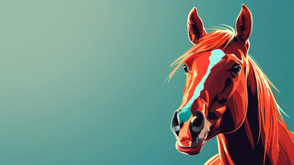 Chestnut red white horse on blue background. Banner with copy space