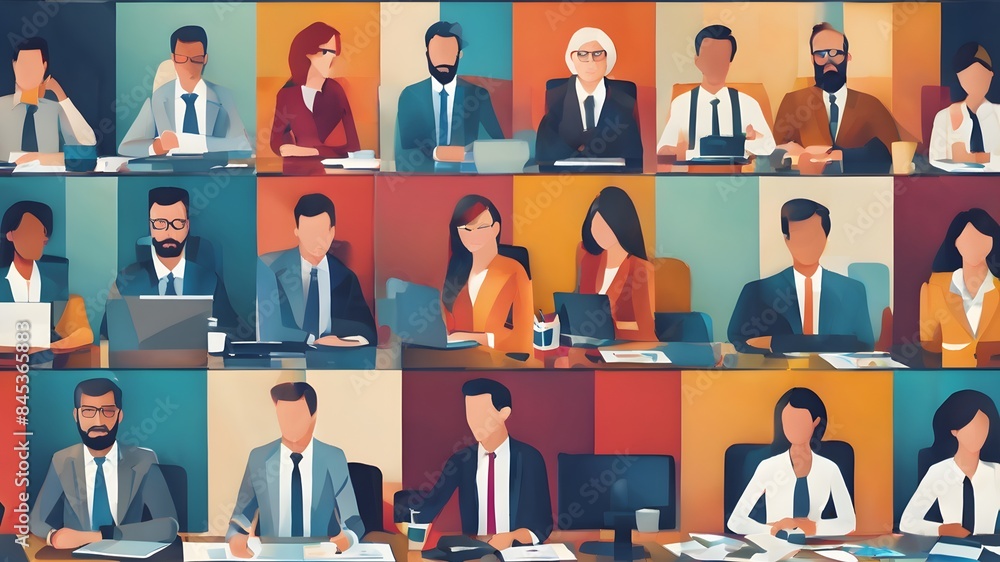 Poster a diverse group of people is engaged in various activities at a conference or meeting, working on la