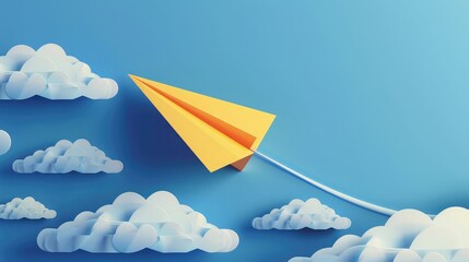 Yellow paper airplane flying among clouds on a blue background. Creative concept of travel and freedom. 3D illustration with playful design elements for postcards and invitations