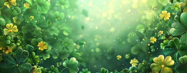 A celebratory illustration background for St. Patrick's Day with shamrocks, leprechauns, and green hues, leaving space for text