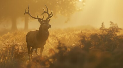Obraz premium Deer in golden sunlight standing in lush forest with trees in background showcasing peaceful nature and stunning beauty of wildlife.