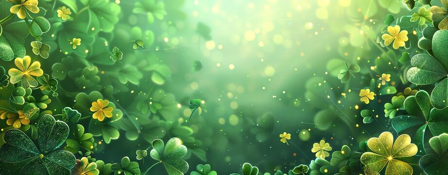 A celebratory illustration background for St. Patrick's Day with shamrocks, leprechauns, and green hues, leaving space for text