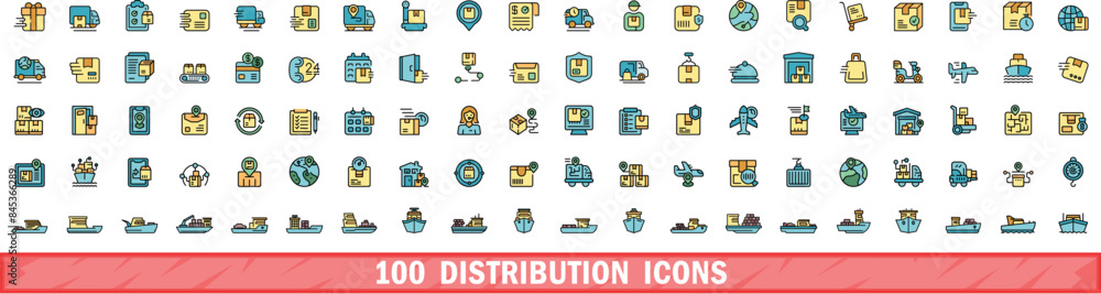 Poster 100 distribution icons set. color line set of distribution vector icons thin line color flat on whit
