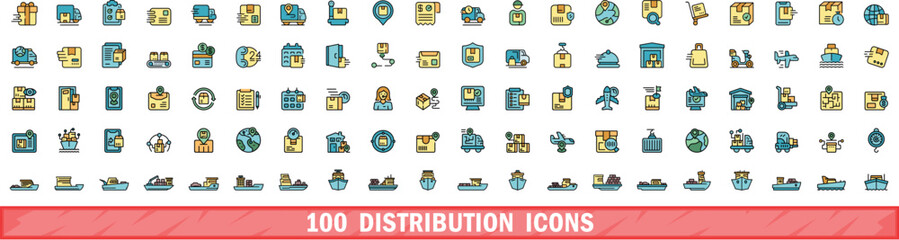 100 distribution icons set. Color line set of distribution vector icons thin line color flat on white