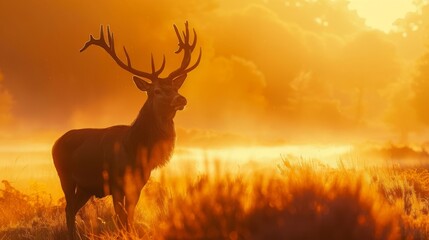 Stag standing majestically in a golden sunrise. Elegant wildlife scenery with warm sunlight. Perfect for nature lovers and outdoor enthusiasts.