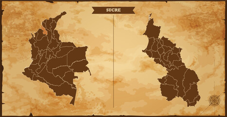 Sucre state map, Colombia map with federal states in A vintage map based background, Political Colombia Map