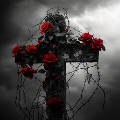 Gothic Cross with Red Roses and Thorns
