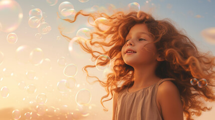 Vibrant image of a girl blowing bubbles, capturing carefree laughter and childhood innocence.