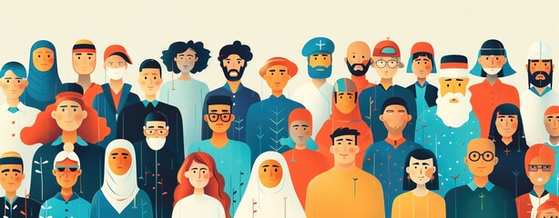 A compassionate vector background for Refugee Day depicting diverse people in a safe community setting, with space for messaging